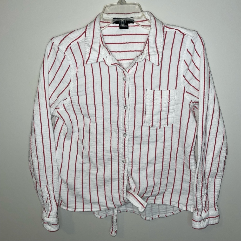 Sanctuary Hayley Tie Front Shirt Red White Stripe Button Front Womens Size M